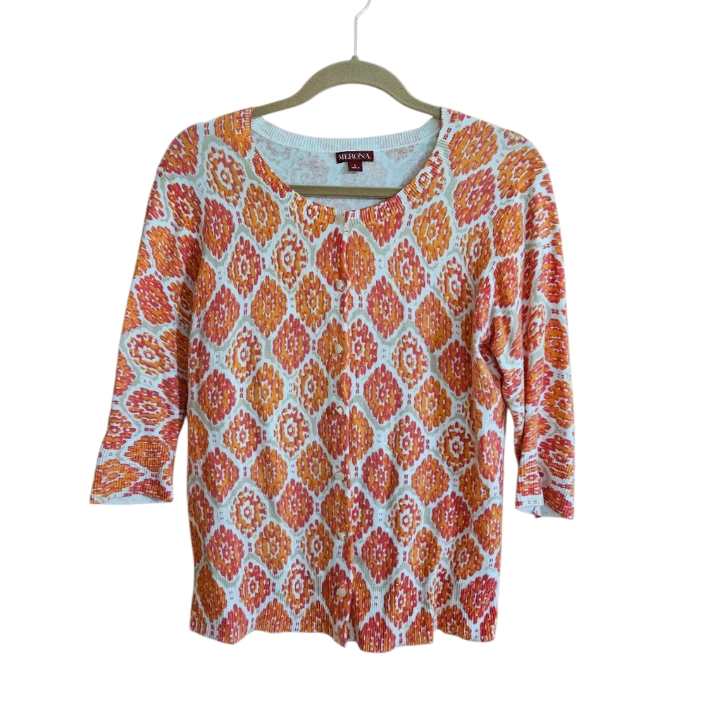 MERONA Orange And Pink Pattern CARDIGAN sz L